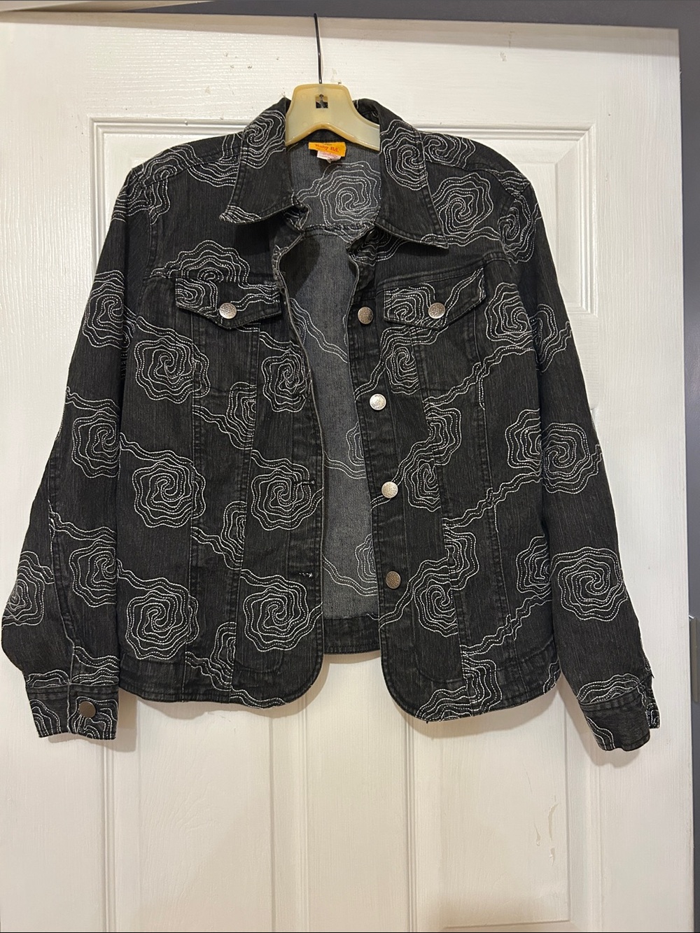 Ruby Rd. Black Denim Jacket with White Swirl Pattern